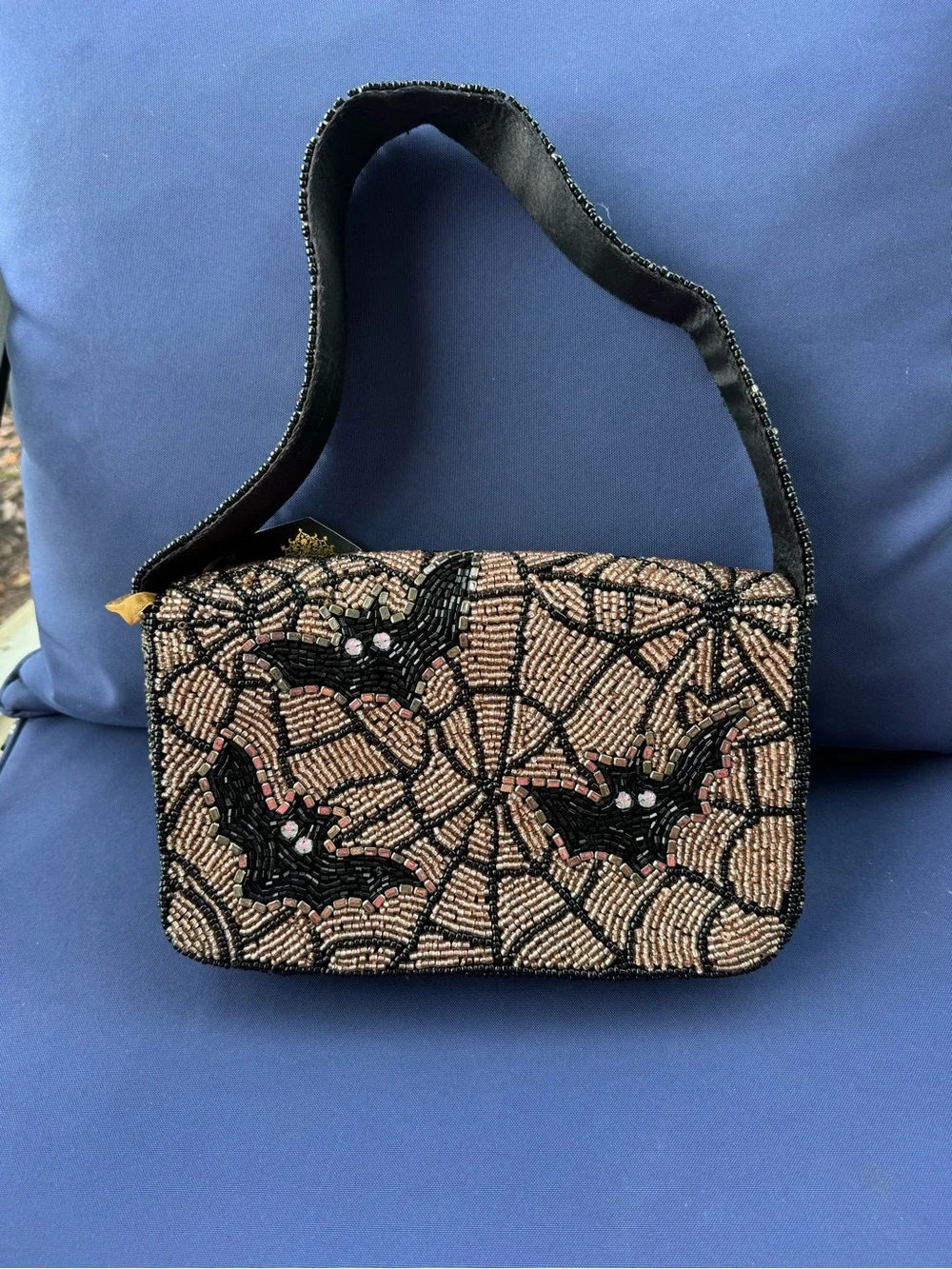 Beaded Bat Motif Shoulder Bag in Rose Gold and Black